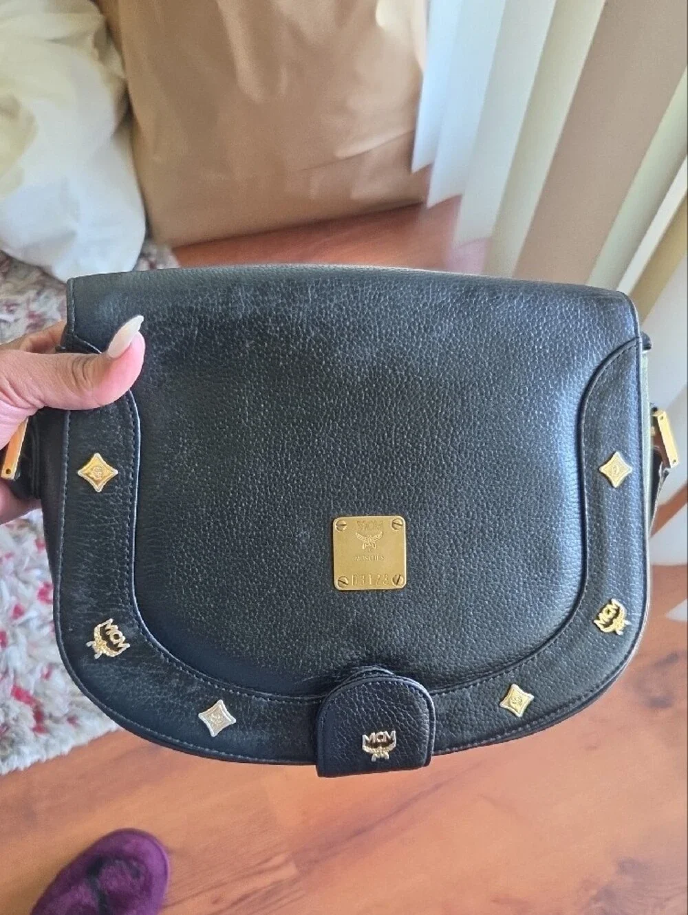 MCM Black Leather Crossbody Bag with Gold Hardware